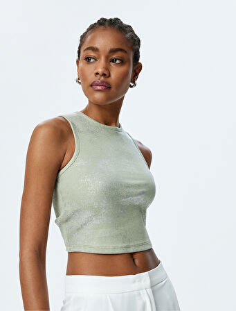 Bisiklet Yaka Pamuklu Simli Kolsuz Crop Top