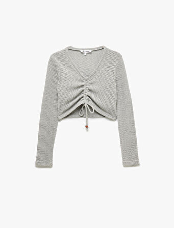 Uzun Kollu Büzgülü V Yaka Triko Yün Karışımlı Crop Tişört