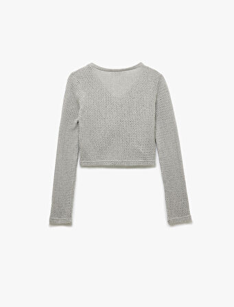 Uzun Kollu Büzgülü V Yaka Triko Yün Karışımlı Crop Tişört