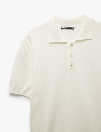 Düğmeli Polo Yaka Viskon Karışımlı Kısa Kollu Triko Kazak