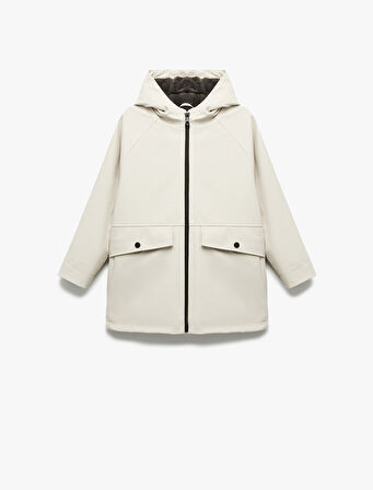 Uzun Kollu Kapaklı Cepli Fermuarlı Kapşonlu Yağmurluk