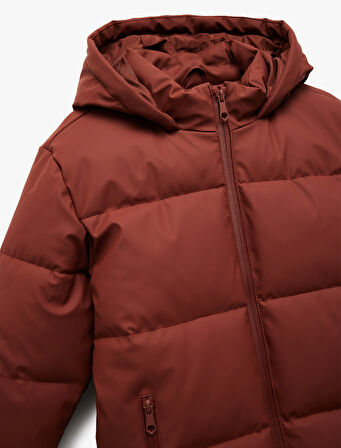 Fermuarlı Kapüşonlu Cep Detaylı Şişme Mont