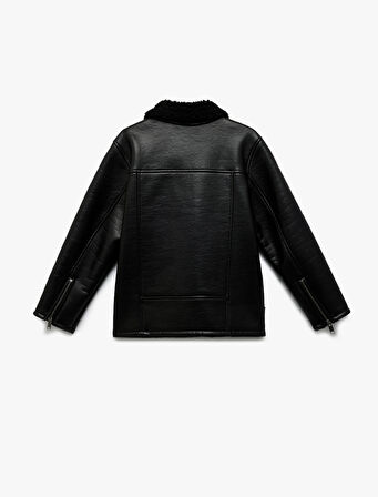 Peluş Detaylı Uzun Kollu Kruvaze Yaka Biker Deri Ceket