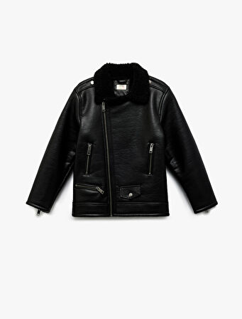 Peluş Detaylı Uzun Kollu Kruvaze Yaka Biker Deri Ceket