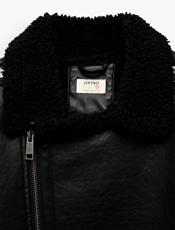 Peluş Detaylı Uzun Kollu Kruvaze Yaka Biker Deri Ceket