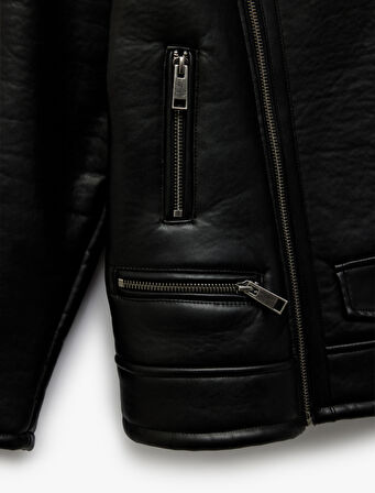 Peluş Detaylı Uzun Kollu Kruvaze Yaka Biker Deri Ceket