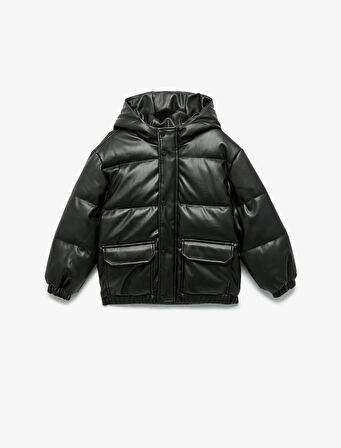 Uzun Kollu Kapşonlu Suni Deri Ceket