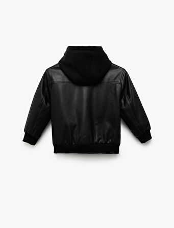 Kapşonlu Çıtçıt Düğmeli Cepli Suni Deri Bomber Ceket