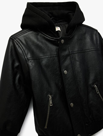 Kapşonlu Çıtçıt Düğmeli Cepli Suni Deri Bomber Ceket