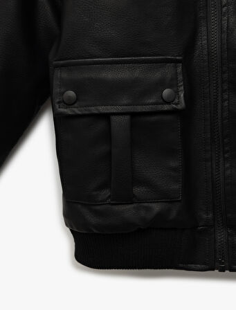 Fermuarlı Peluş Yaka Cepli Bomber Deri Ceket