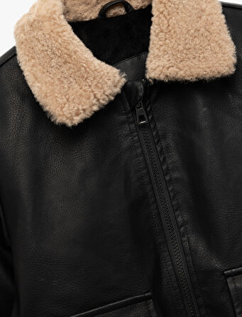 Fermuarlı Peluş Yaka Cepli Bomber Deri Ceket