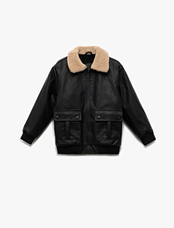 Fermuarlı Peluş Yaka Cepli Bomber Deri Ceket