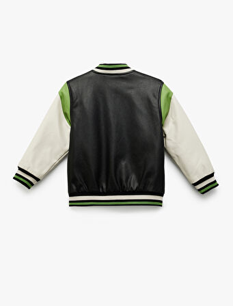 Bomber Kolej Ceket Deri Görünümlü Aplike Detaylı Cepli