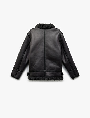 Uzun Kollu Peluş Yaka Detaylı Cepli Fermuarlı Deri Ceket