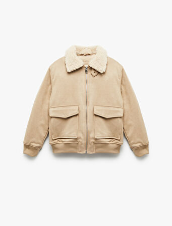 Uzun Kollu Peluş Yaka Cep Detaylı Fermuarlı Bomber Ceket 