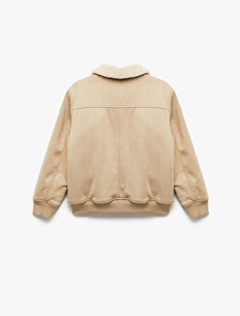 Uzun Kollu Peluş Yaka Cep Detaylı Fermuarlı Bomber Ceket 