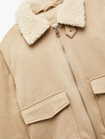 Uzun Kollu Peluş Yaka Cep Detaylı Fermuarlı Bomber Ceket 