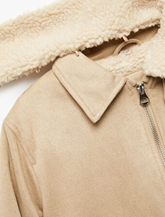 Uzun Kollu Peluş Yaka Cep Detaylı Fermuarlı Bomber Ceket 