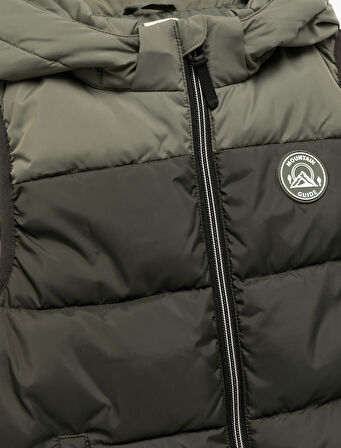 Renk Bloklu Cepli Etiket Detaylı Fermuarlı Kapşonlu Kolsuz Şişme Yelek