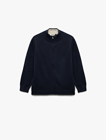 Pamuklu Uzun Kollu Fermuarlı Dik Yaka Triko Okul Hırkası