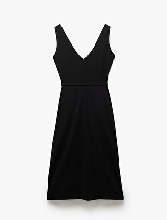 Krep Kumaş Kolsuz Cepli Kemerli Slim Fit A Kesim Midi Boy V Yaka Elbise