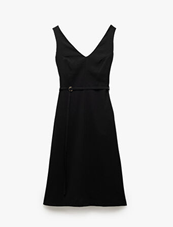 Krep Kumaş Kolsuz Cepli Kemerli Slim Fit A Kesim Midi Boy V Yaka Elbise