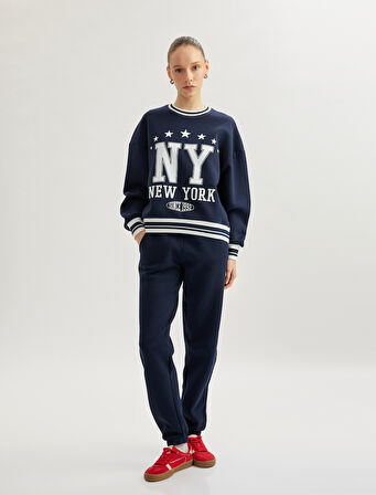 Kolej Baskılı Bisiklet Yaka Biyeli Oversize Sweatshirt