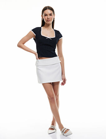 Dantel Detaylı Çizgili Kısa Kollu Slim Fit Bluz