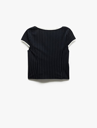 Dantel Detaylı Çizgili Kısa Kollu Slim Fit Bluz