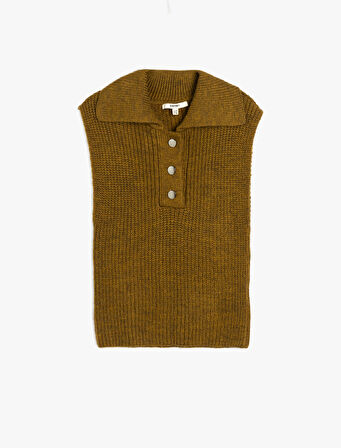 Yarım Düğme Detaylı Kolsuz Polo Yaka Süveter