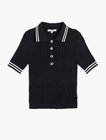 Yarım Düğme Detaylı Kısa Kollu  İnce Triko Kadın Polo Yaka Kazak