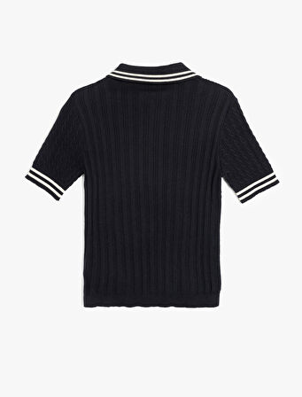 Yarım Düğme Detaylı Kısa Kollu  İnce Triko Kadın Polo Yaka Kazak