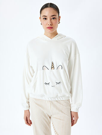 Unicorn İşleme Detaylı Cepli Uzun Kollu Kapüşonlu Polar Pijama Üstü