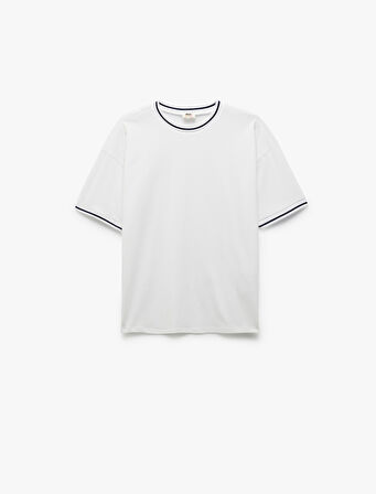 Pamuklu Biyeli Bisiklet Yaka Kısa Kollu Tişört