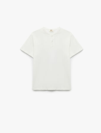 Pamuklu Kısa Kollu Bisiklet Yaka Düğmeli Basic Tişört