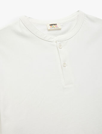 Pamuklu Kısa Kollu Bisiklet Yaka Düğmeli Basic Tişört