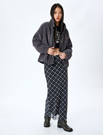Cep Detaylı Fermuarlı Dik Yaka Oversize Peluş Sweatshirt