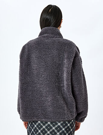 Cep Detaylı Fermuarlı Dik Yaka Oversize Peluş Sweatshirt