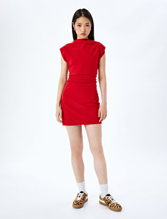Dik Yaka Kolsuz Slim Fit Drapeli Mini Elbise