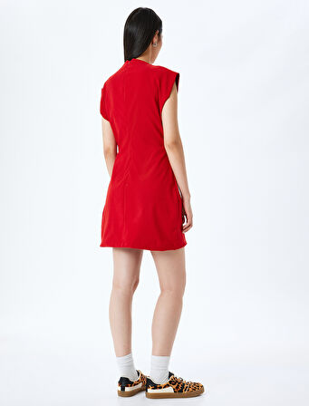 Dik Yaka Kolsuz Slim Fit Drapeli Mini Elbise