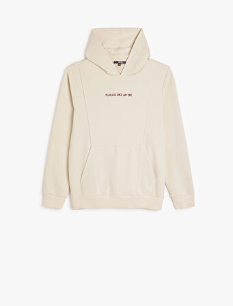 Uzun Kollu Pamuk Karışımlı Cepli Slogan Baskılı Kapşonlu Sweatshirt