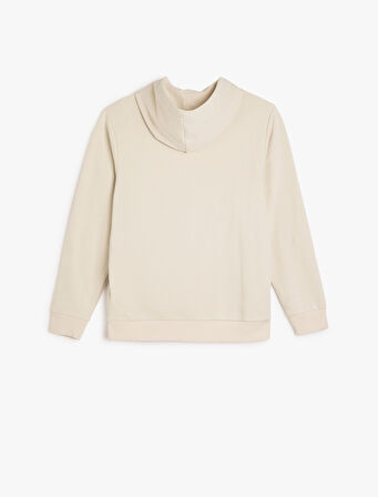 Uzun Kollu Pamuk Karışımlı Cepli Slogan Baskılı Kapşonlu Sweatshirt