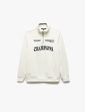 Yarım Fermuarlı İşlemeli Uzun Kollu Sweatshirt