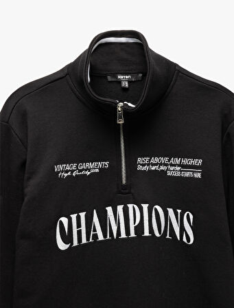 Yarım Fermuarlı İşlemeli Uzun Kollu Sweatshirt