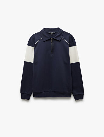 Pamuklu Renk Bloklu Uzun Kollu Yarım Fermuarlı Sweatshirt