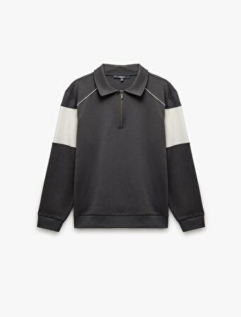 Pamuklu Renk Bloklu Uzun Kollu Yarım Fermuarlı Sweatshirt