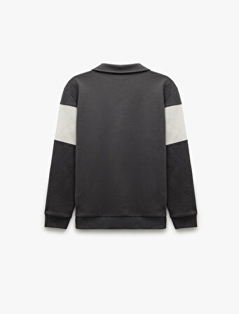Pamuklu Renk Bloklu Uzun Kollu Yarım Fermuarlı Sweatshirt