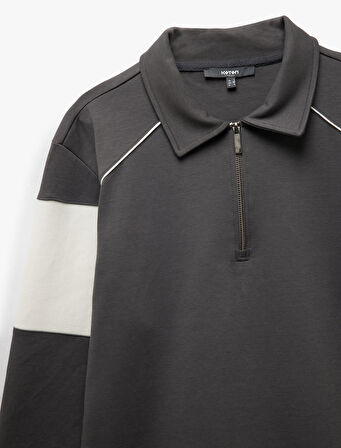 Pamuklu Renk Bloklu Uzun Kollu Yarım Fermuarlı Sweatshirt