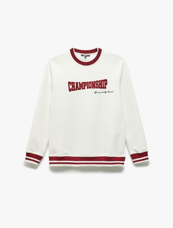 Bisiklet Yaka Pamuk Karışımlı Şerit Detaylı Slogan Baskılı Sweatshirt