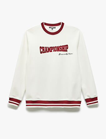 Bisiklet Yaka Pamuk Karışımlı Şerit Detaylı Slogan Baskılı Sweatshirt